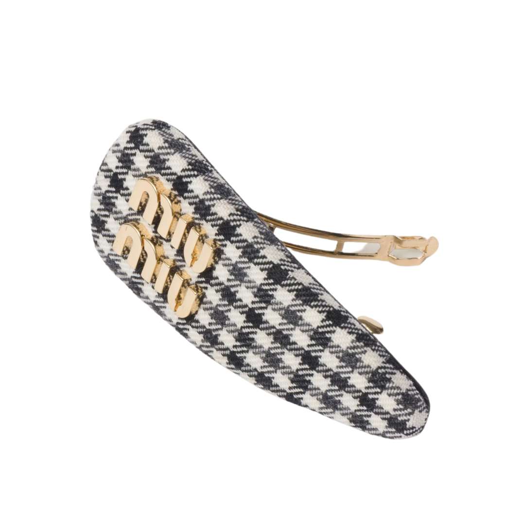 Gingham check wool hair clip