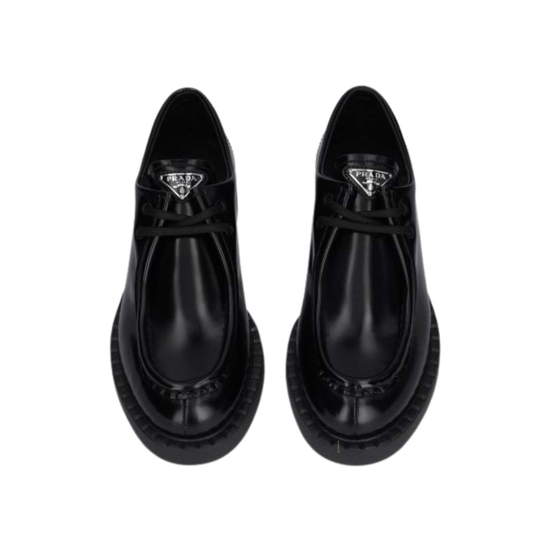 Women's Triangle Logo Brushed Leather Loafers - Black