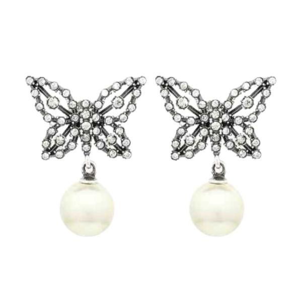 Papillon De Newt Antique Pearl Crystal Silver Earrings
