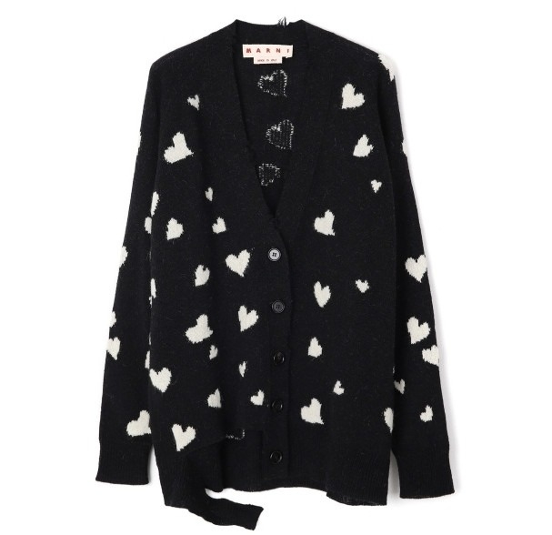 BUNCH OF HEARTS motif black wool long cardigan