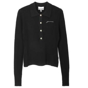 Black ribbed merino polo blouse