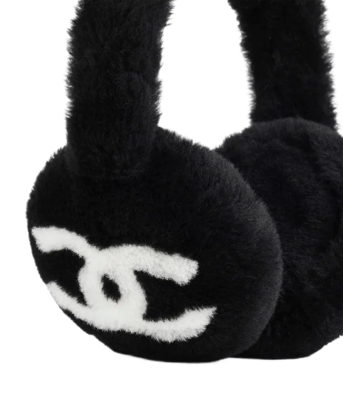 Chanel Earmuffs Shearling Lambskin Black White