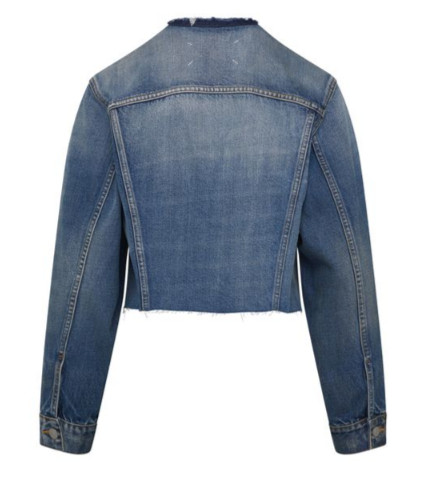 CROPPED COLLARLESS DENIM JACKET WASHED BLUE